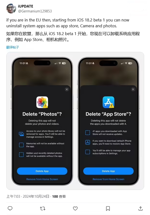 如皋苹果手机维修分享iOS 18.2 支持删除 App Store 应用商店 